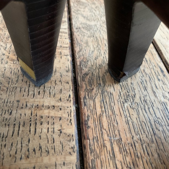 Brown leather suede open toe heels. - Picture 3 of 5